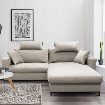 Bäddbar hörnsoffa i L‑form med förvaringsutrymme HORTA, höger, grå