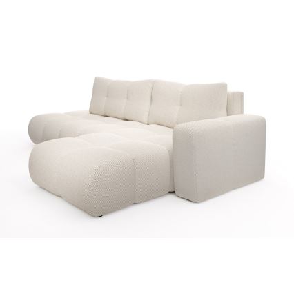 Bäddbar tygklädd hörnsoffa ALMADA i L‑form, högerutförande, med förvaringsutrymme, ljusbeige