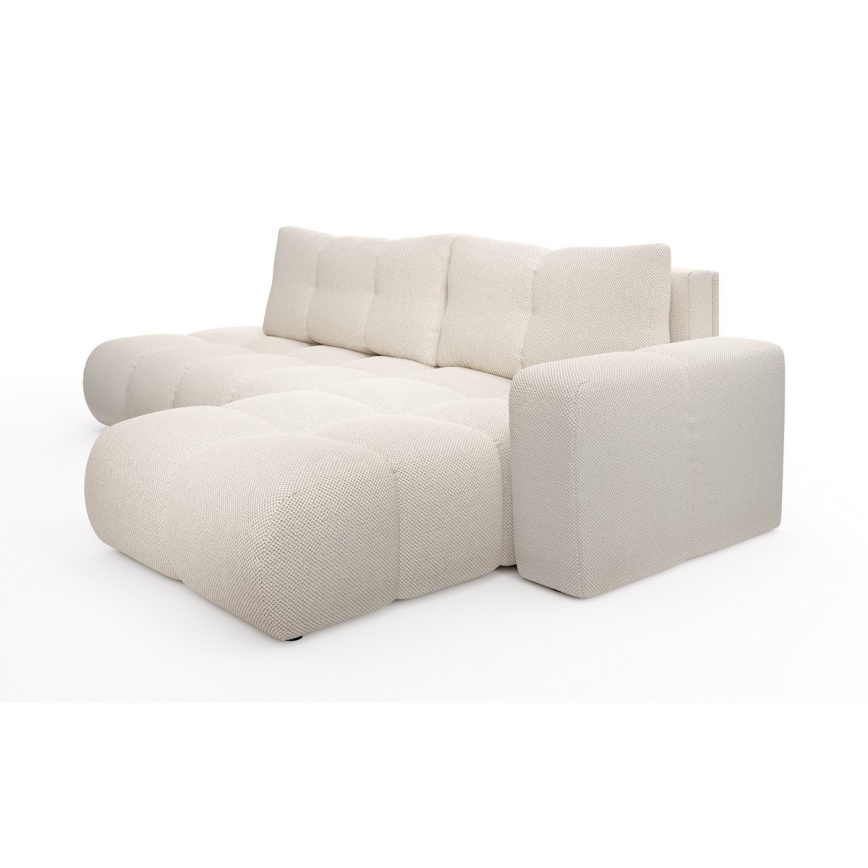 Bäddbar tygklädd hörnsoffa ALMADA i L‑form, högerutförande, med förvaringsutrymme, ljusbeige