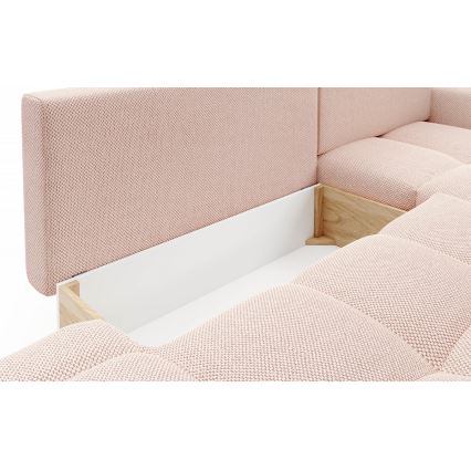 Bäddbar klädd hörnsoffa ALMADA, höger, i L‑form med praktiskt förvaringsutrymme, rosa