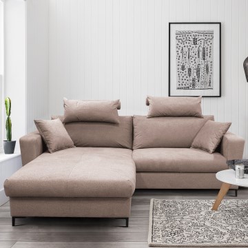 Bäddbar L-formad hörnsoffa med förvaring HORTA, vänsterutförande, rosa