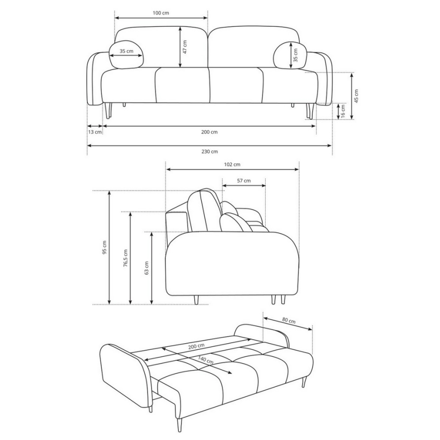 Bäddbar, stoppad 3-sitssoffa CLOUDY, krämfärgad
