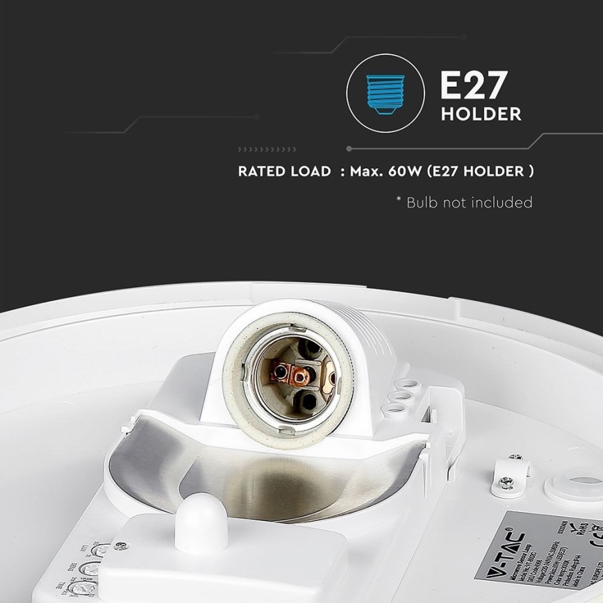 Badrum takbelysning med sensor 1xE27/60W/230V IP44 ø 29,6 cm