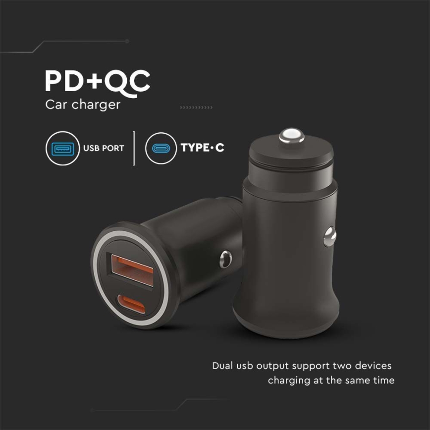 Billaddare Power Delivery 20W 12-24V/3A USB/C svart