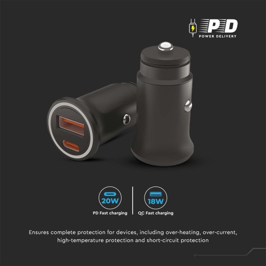 Billaddare Power Delivery 20W 12-24V/3A USB/C svart