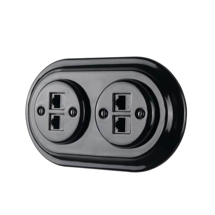 Bohemia-Design - Retro Ethernetuttag i porslin utan ram, 2x CAT.5E, svart