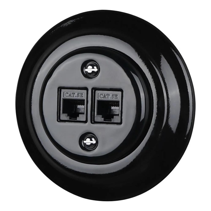 Bohemia-Design - Retro Ethernetuttag i porslin med ram, 2x CAT.5E, svart