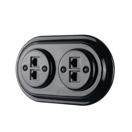 Bohemia-Design - Retro Ethernetuttag i porslin med ram, 2x CAT.5E, svart