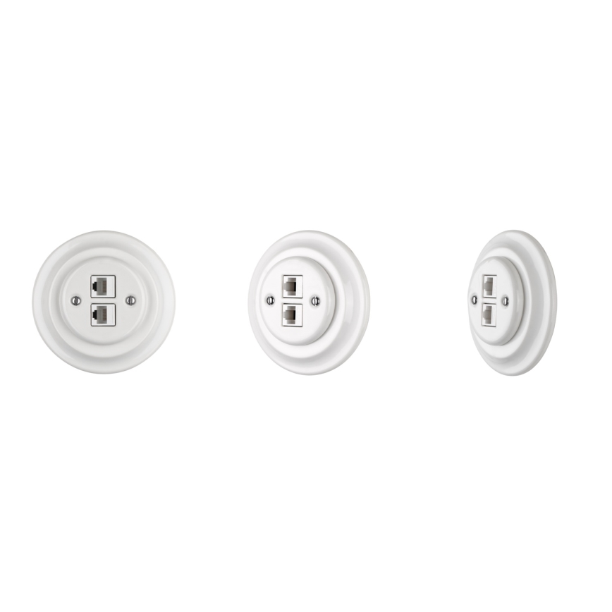 Bohemia-Design - Retro Ethernetuttag i porslin med ram, 2x CAT.5E, vit
