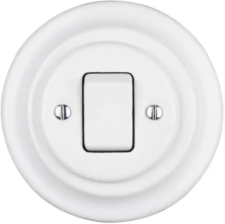 Bohemia-Design - Retro strömbrytare i porslin, enkel med ram nr 7, vit