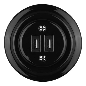 Bohemia-Design - Retro USB-ladduttag i porslin med ram 2xUSB-A svart
