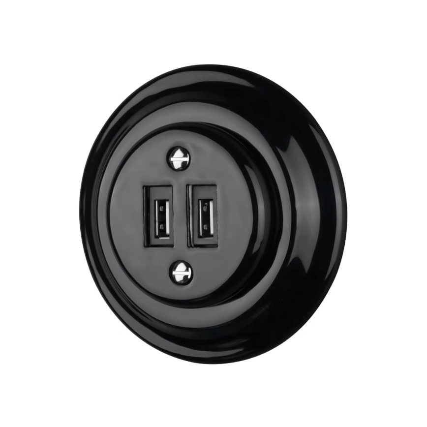 Bohemia-Design - Retro USB-ladduttag i porslin med ram 2xUSB-A svart