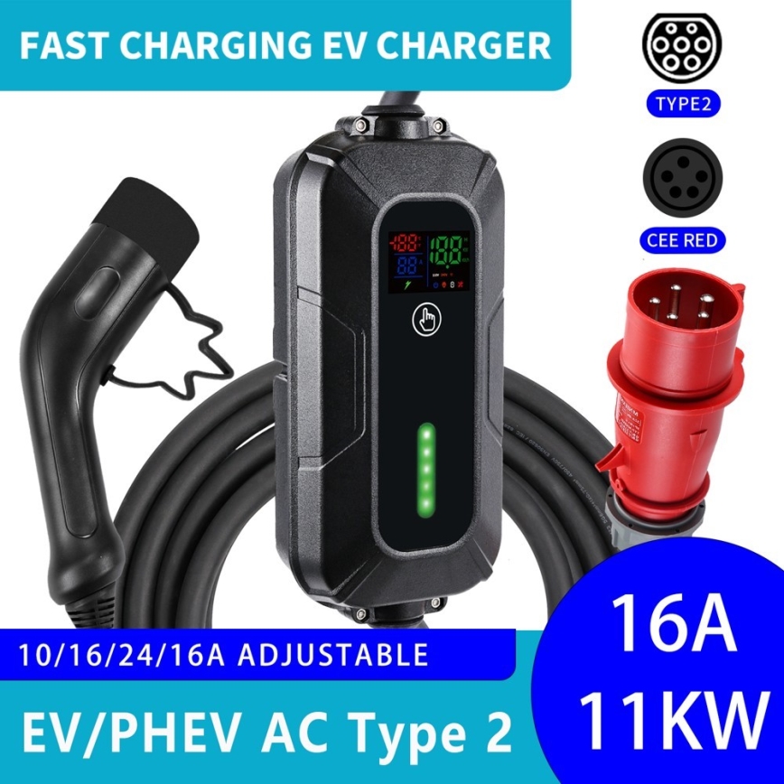 Brilagi - EV resladdstation för elbilar FAST AC Typ 2 16A/380V 11kW + kontakt 230V, 3,7kW 5m + låda