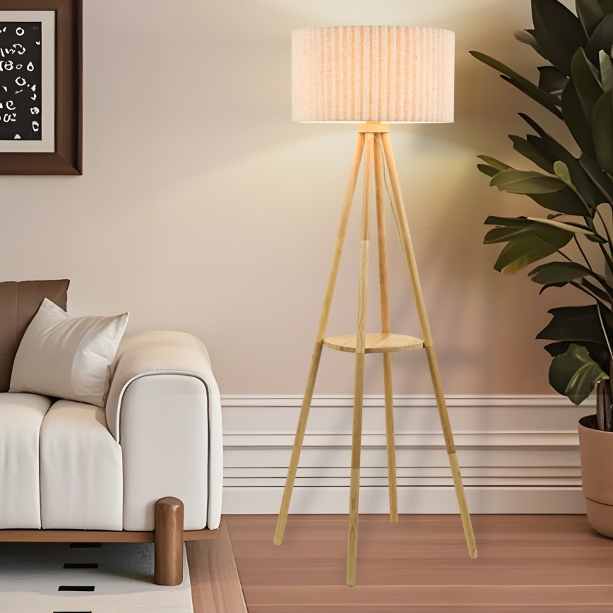 Brilagi - Golvlampa NORDIC WAVE 1xE27/15W/230V gummiträ/linne