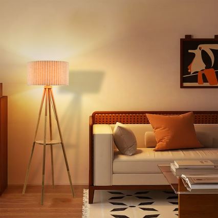 Brilagi - Golvlampa NORDIC WAVE 1xE27/15W/230V gummiträ/linne