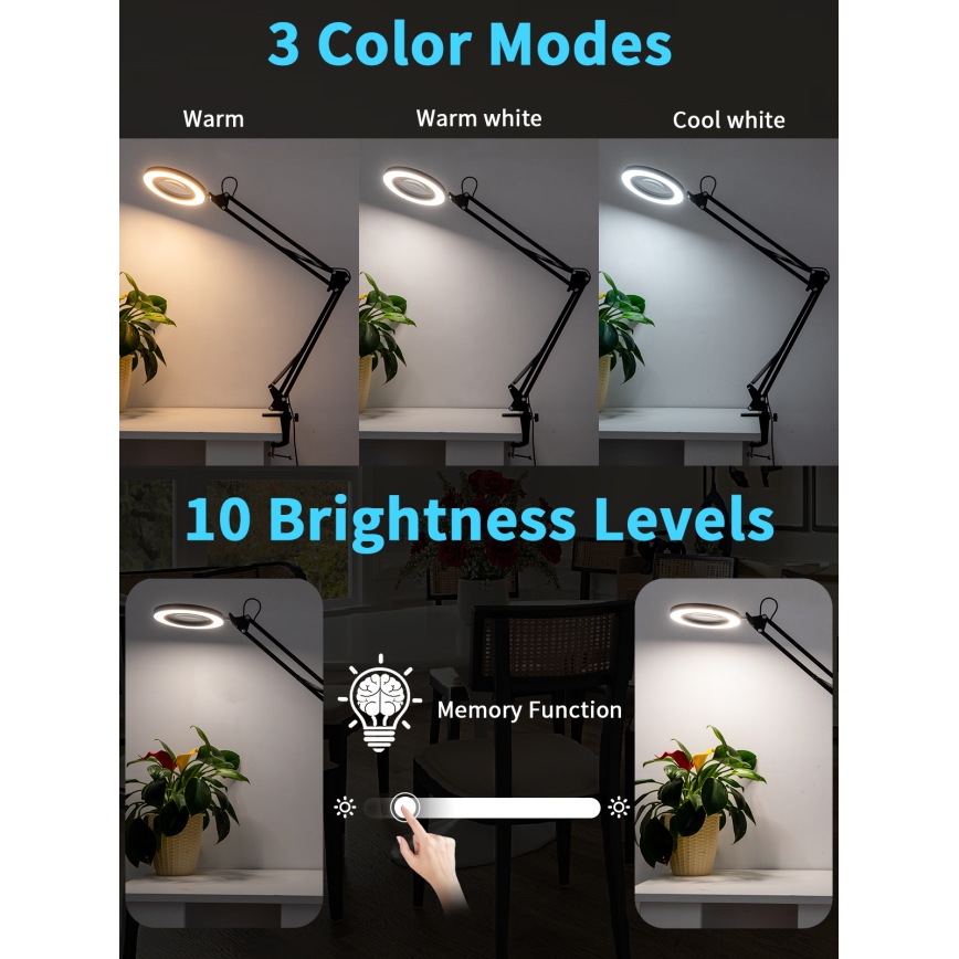 Brilagi - LED Dimbar bordslampa med ett förstoringsglas LENS LED/12W/5V 3000/4200/6000K svart