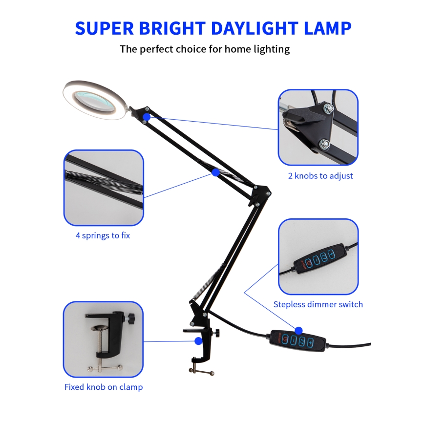 Brilagi - LED Dimbar bordslampa med ett förstoringsglas LENS LED/12W/5V 3000/4200/6000K svart