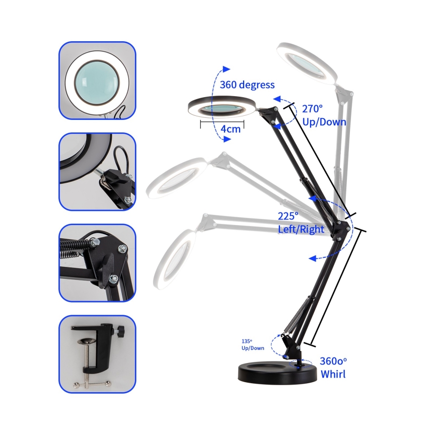 Brilagi - LED Dimbar bordslampa med ett förstoringsglas LENS LED/12W/5V 3000/4200/6000K svart