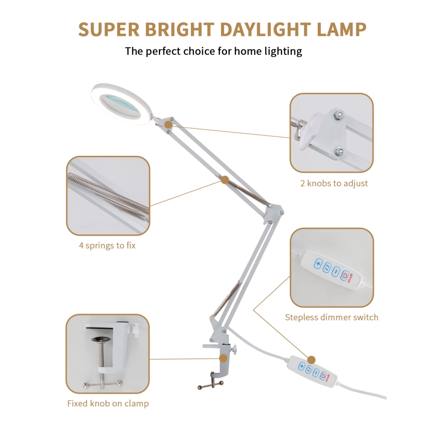 Brilagi - LED Dimbar bordslampa med ett förstoringsglas LENS LED/12W/5V 3000/4200/6000K vit