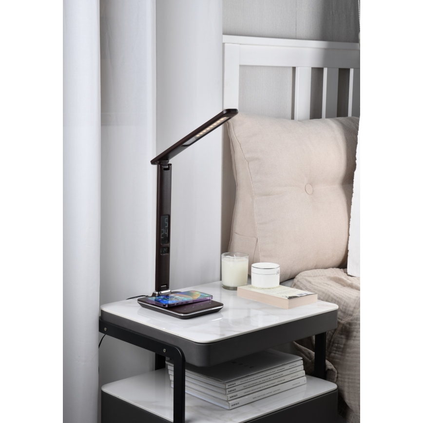 Brilagi - LED Dimbar bordslampa med QI trådlös laddning och USB REGINA LED/8,5W/230V brun