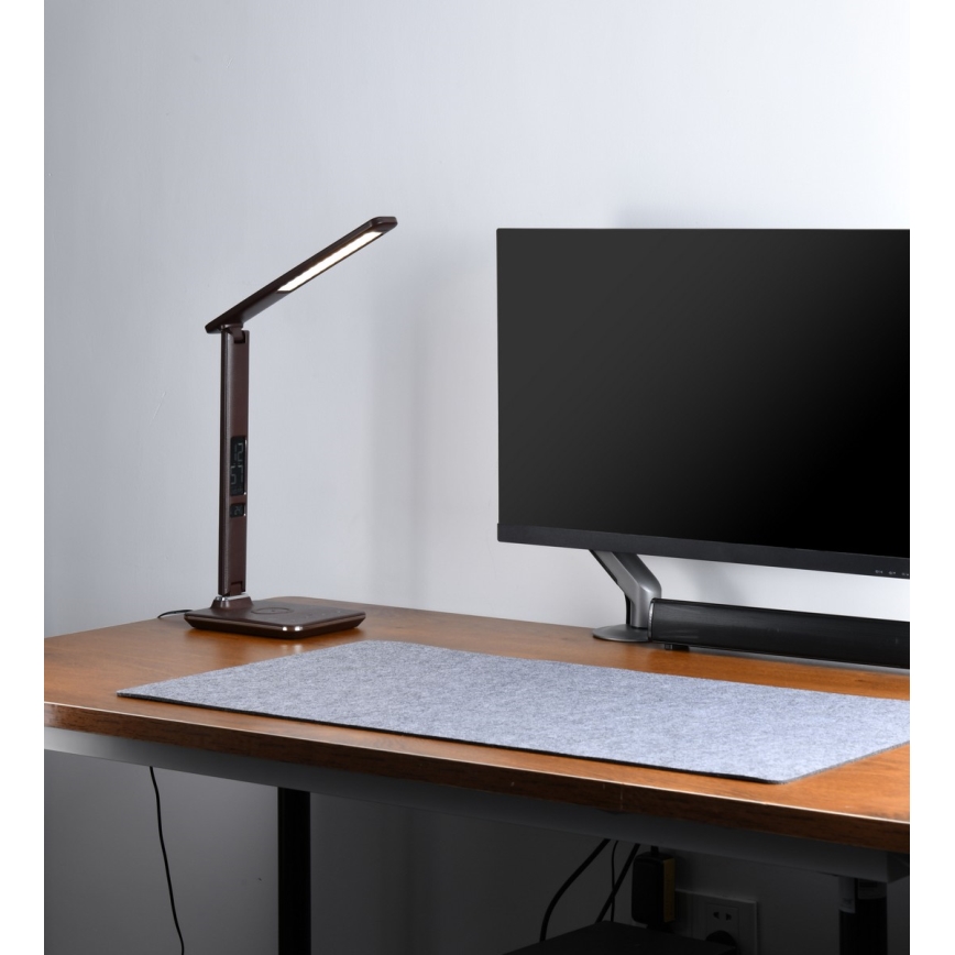 Brilagi - LED Dimbar bordslampa med QI trådlös laddning och USB REGINA LED/8,5W/230V brun