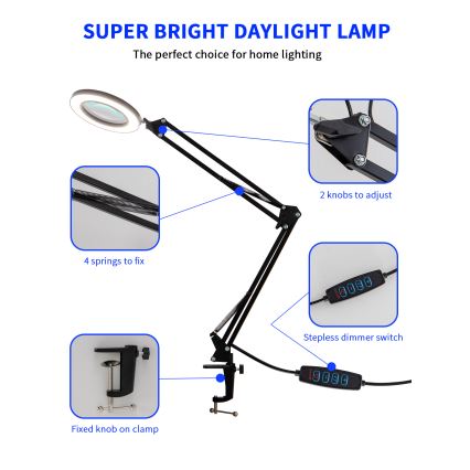 Brilagi - LED dimbar bordslampa med förstoringsglas LENS LED/12W/5V 3000/4200/6000K svart