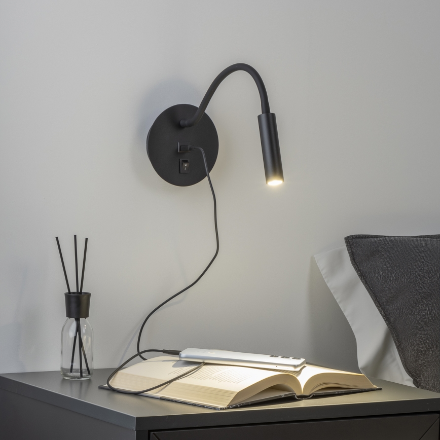 Brilagi - LED Flexibel vägglampa med USB-port MAYA LED/3W/230V 4000K svart