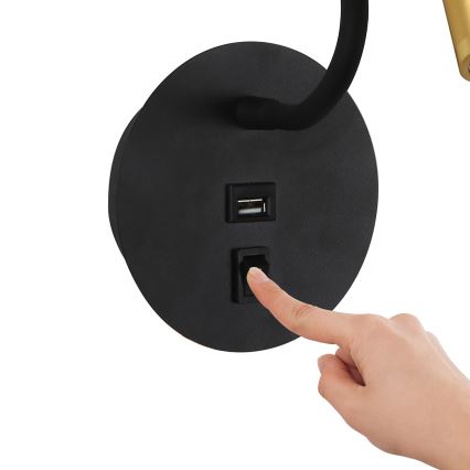 Brilagi - LED Flexibel vägglampa med USB-port MAYA LED/3W/230V 4000K svart/guld