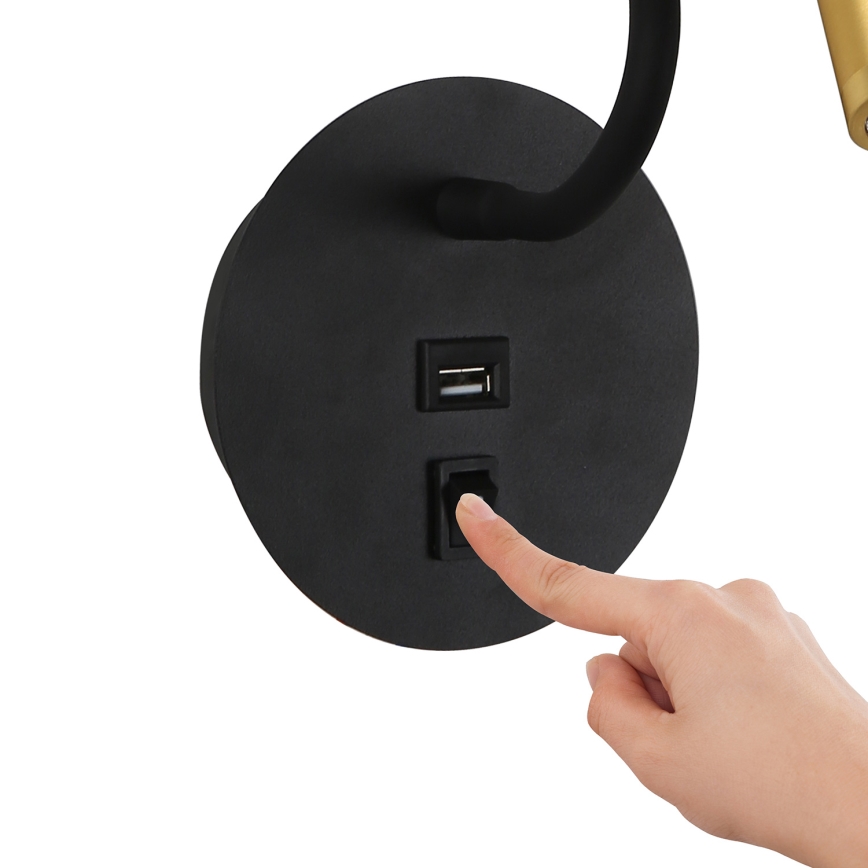 Brilagi - LED Flexibel vägglampa med USB-port MAYA LED/3W/230V 4000K svart/guld