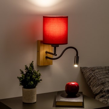 Brilagi - LED Flexibel vägglampa NUBILA WOOD 1xE27/25W/230V + LED/3W ek/pompejansk röd