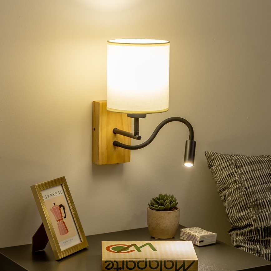 Brilagi - LED Flexibel vägglampa NUBILA WOOD 1xE27/25W/230V + LED/3W ek/svart/grädde