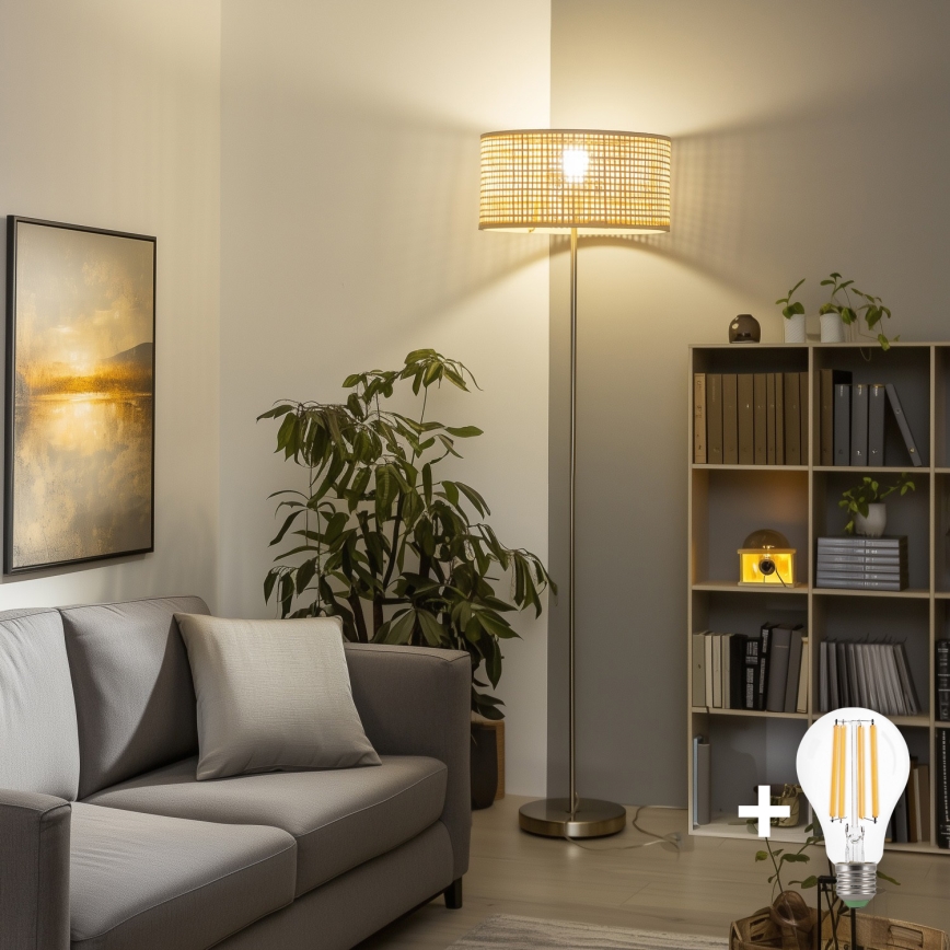 Brilagi - LED-golvlampa CERIA 1xE27/40W/230V Ø 25 cm bambu/matt krom