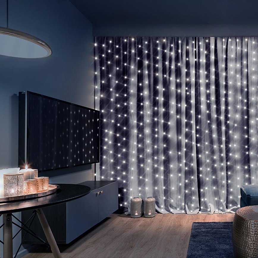 Brilagi - LED Julgardin 300xLED/8 funktioner /3xAA/USB 1,2m kall vit
