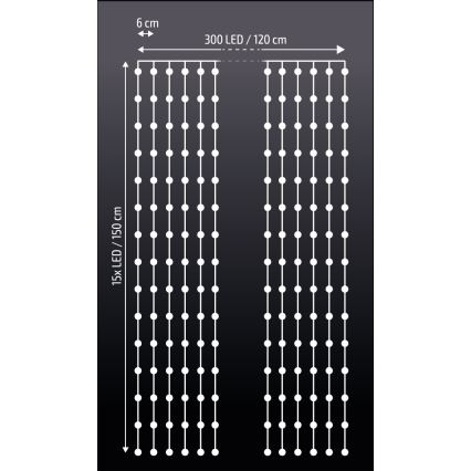 Brilagi - LED Julgardin 300xLED/8 funktioner /3xAA/USB 1,2m kall vit