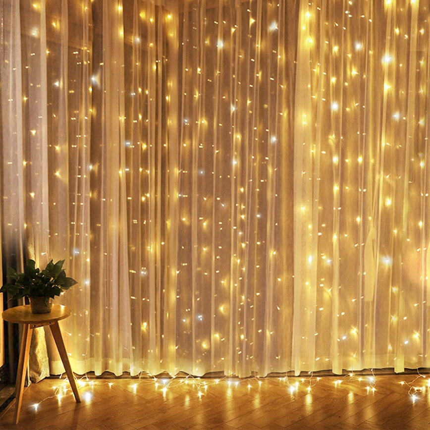 Brilagi - LED Julgardin 300xLED/8 funktioner /3xAA/USB 1,2m varm vit