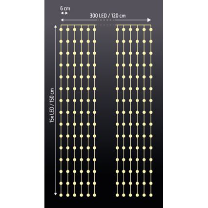 Brilagi - LED Julgardin 300xLED/8 funktioner /3xAA/USB 1,2m varm vit