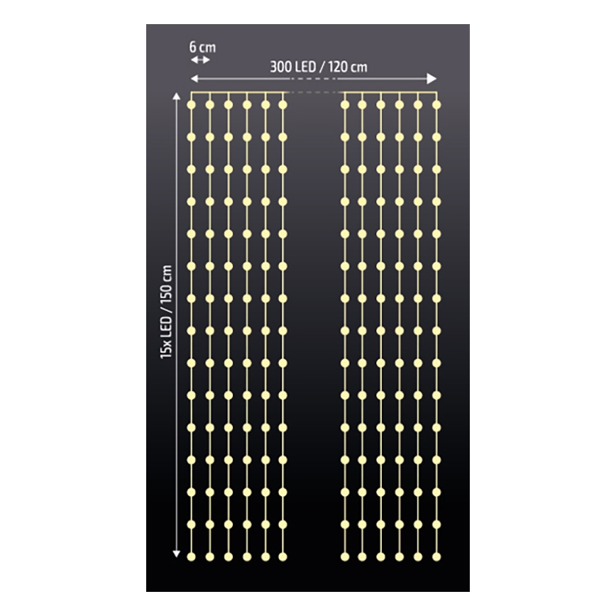 Brilagi - LED julgardin 300xLED/8 funktioner/3xAA/USB 1,2m varmvit