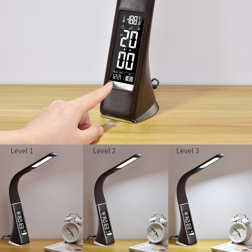 Brilagi - LED ljusreglerad bordslampa med en display PELLE LED/7W/230V brun
