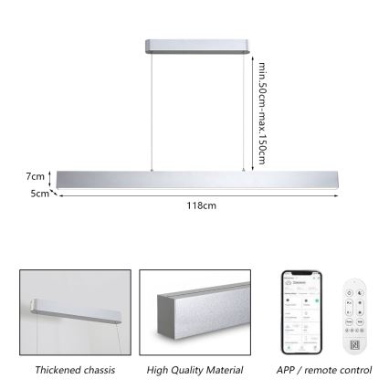 Brilagi - LED ljusreglerad ljuskrona på textilsladd SLEEKLINE SMART LED/40W/230V 3000-6000K Wi-Fi Tuya silver + fjärrkontroll