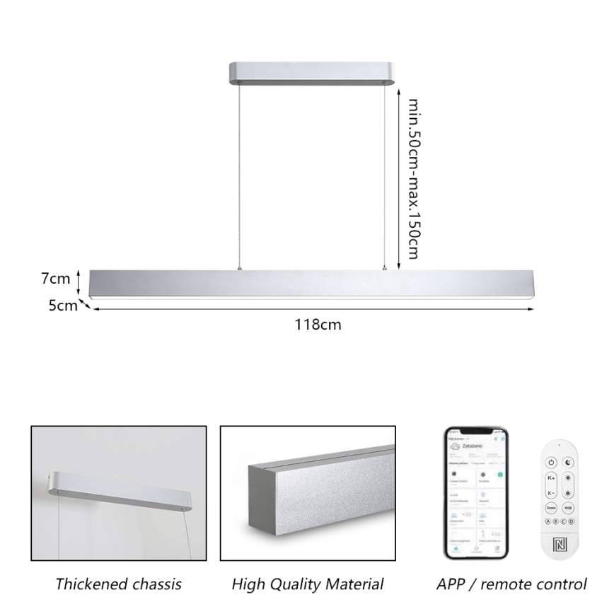 Brilagi - LED ljusreglerad ljuskrona på textilsladd SLEEKLINE SMART LED/40W/230V 3000-6000K Wi-Fi Tuya silver + fjärrkontroll