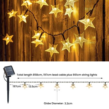Brilagi - LED Solcell dekorativ slinga STARS 50xLED/8 funktioner 7m IP65 varm vit 600 mAh