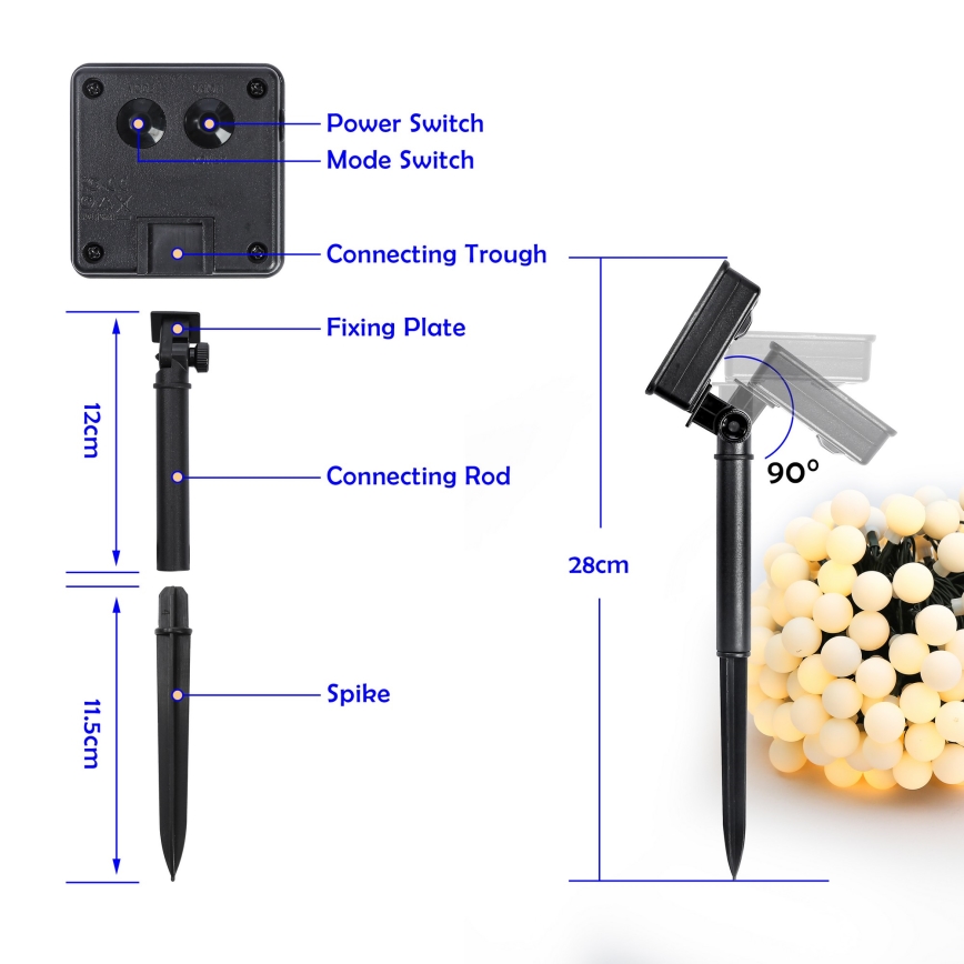 Brilagi - LED solcellsljusslinga BUBBLE 200xLED/8 funktioner 20m IP65 varmvit 800 mAh