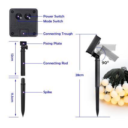 Brilagi - LED solcellsljusslinga BUBBLE 50xLED/8 funktioner 7m IP65 varmvit 600 mAh