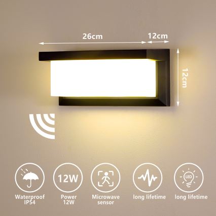 Brilagi - LED Utomhus vägglampa med sensor BRICKY LED/12W/230V svart IP54