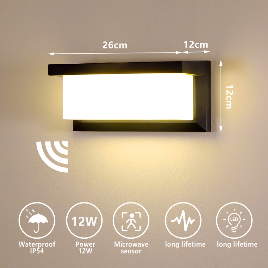 Brilagi - LED Utomhus vägglampa med sensor BRICKY LED/12W/230V svart IP54