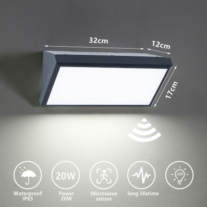 Brilagi - LED Utomhus vägglampa med sensor TRIANGLE LED/20W/230V antracit IP65
