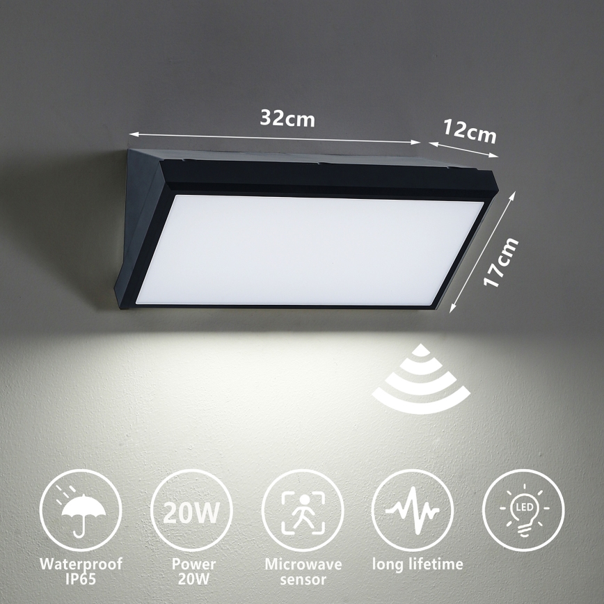 Brilagi - LED Utomhus vägglampa med sensor TRIANGLE LED/20W/230V svart IP65