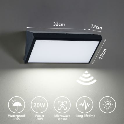 Brilagi - LED Utomhus Vägglampa med Sensor TRIANGLE LED/20W/230V svart IP65