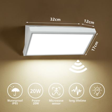 Brilagi - LED Utomhus vägglampa med sensor TRIANGLE LED/20W/230V vit IP65