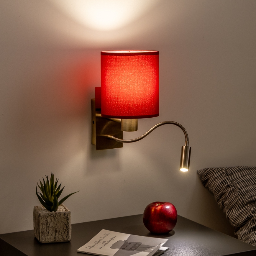 Brilagi - LED Flexibel vägglampa NUBILA 1xE27/25W/230V+LED/3W mässing/pompejansk röd